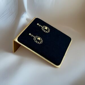 Vintage Style Dangle Earrings Black Oval Cabochon Gold Leaf Filigree Frame Drop